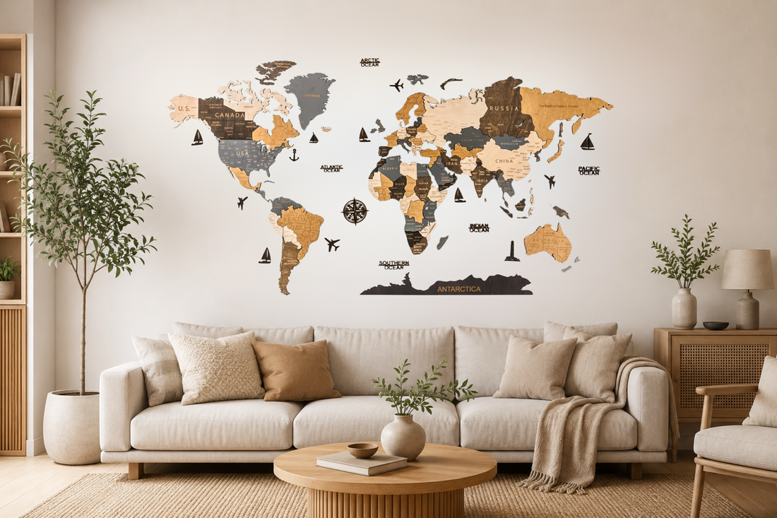 Large wooden world map on the wall in a modern living room