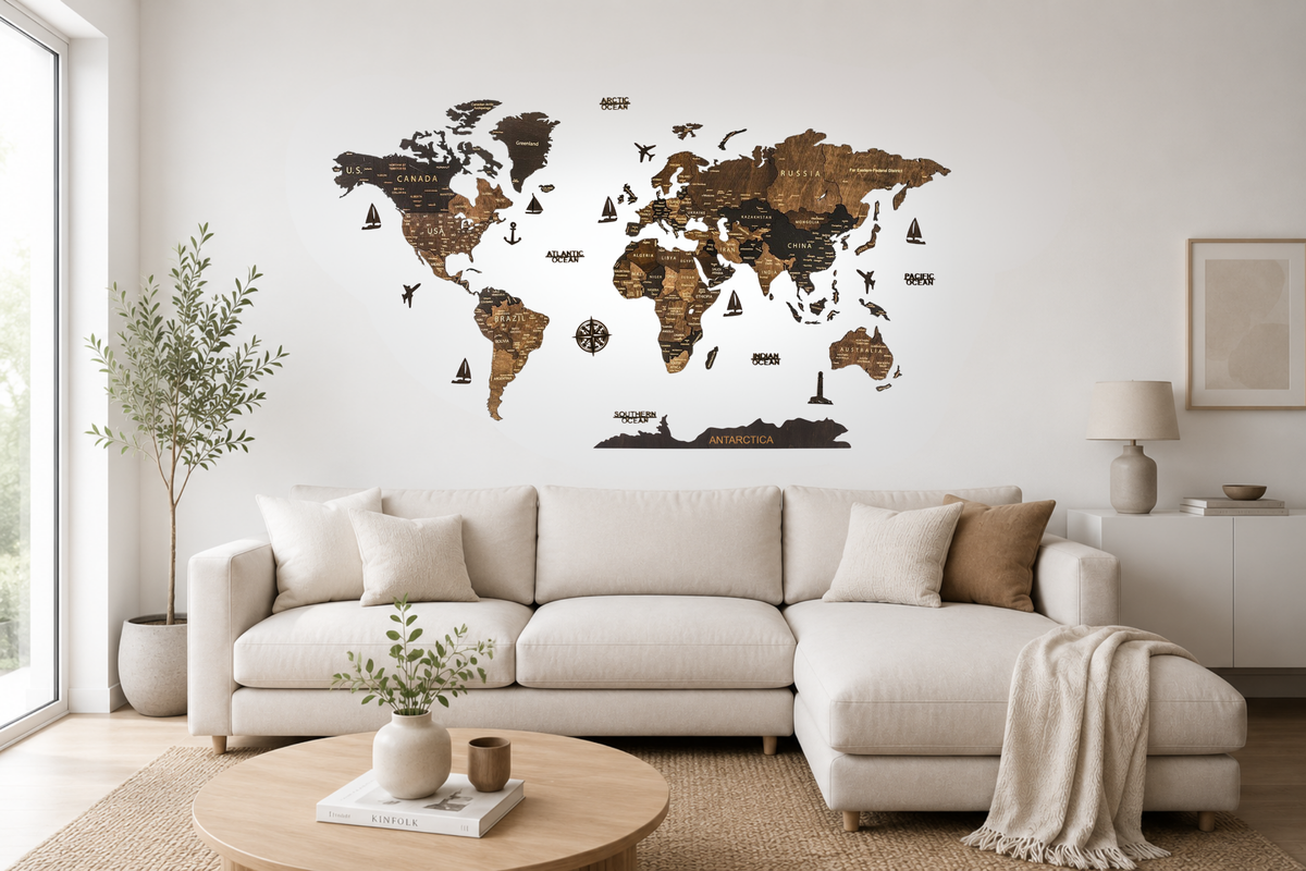 Large wooden world map above a dark sofa in a modern living room