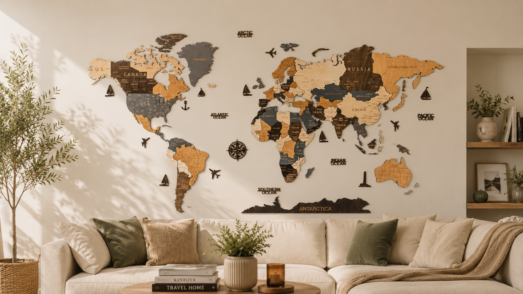 Premium wooden world map in an elegant living room