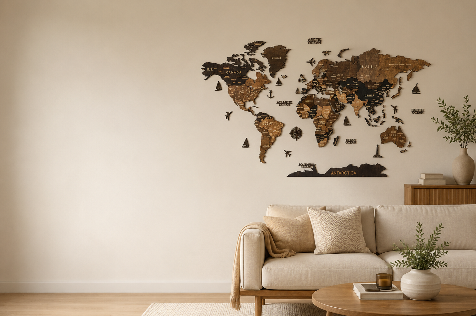 Wooden world map in a premium interior