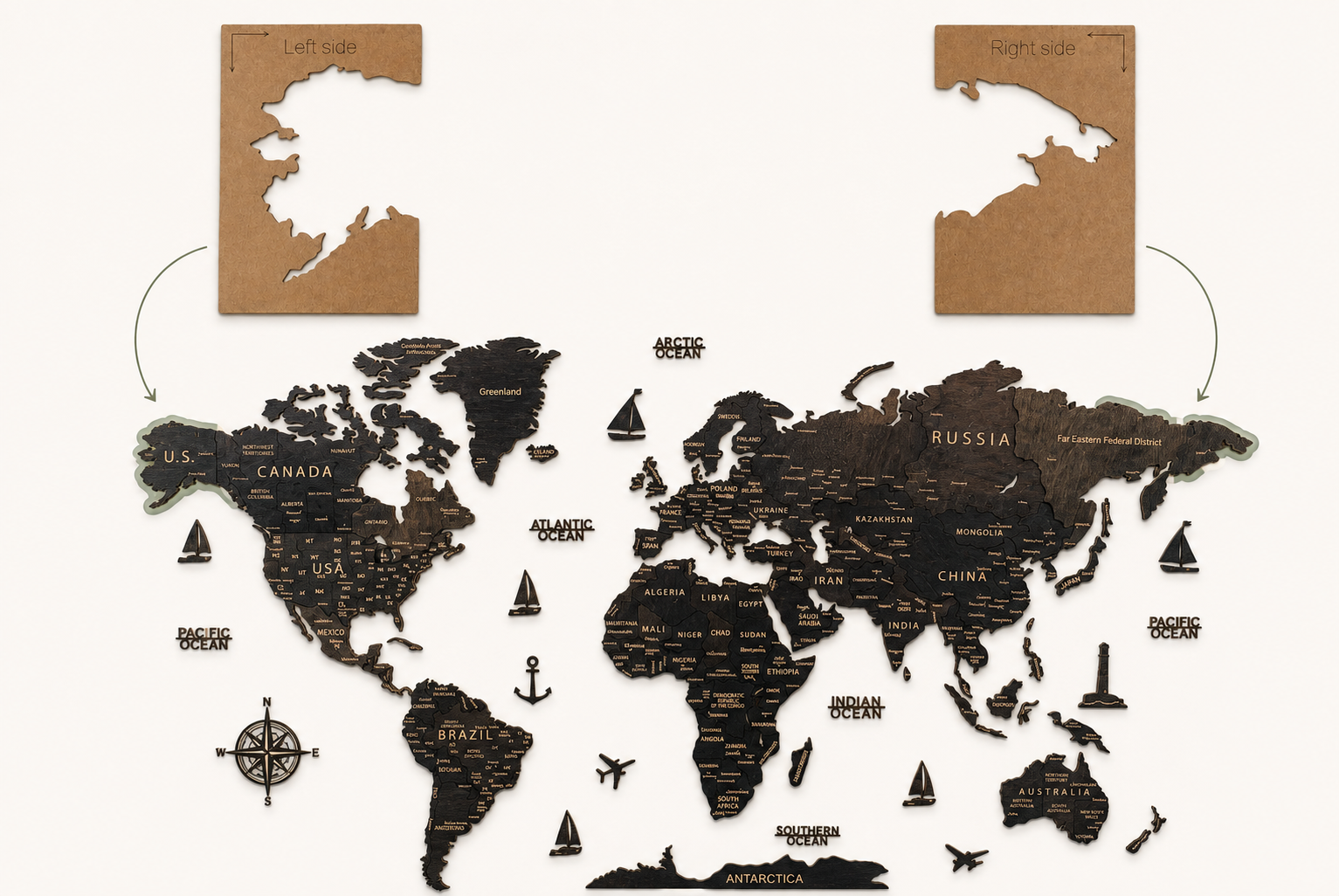 Cardboard guides indicating the starting points for Alaska and eastern Russia