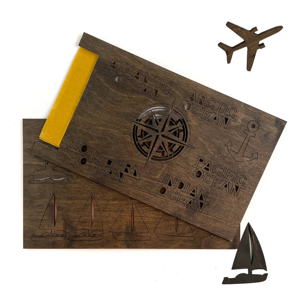 Ocean Labels & Accessories Set for Wooden Maps | Brown