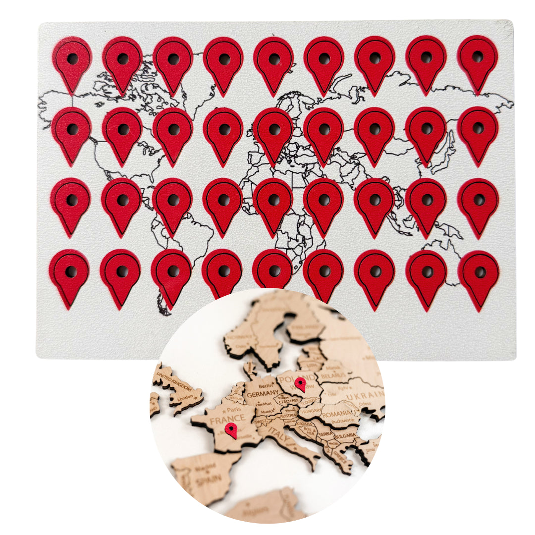Standortmarkierungen aus Holz für Weltkarten – 36er-Set | Rot