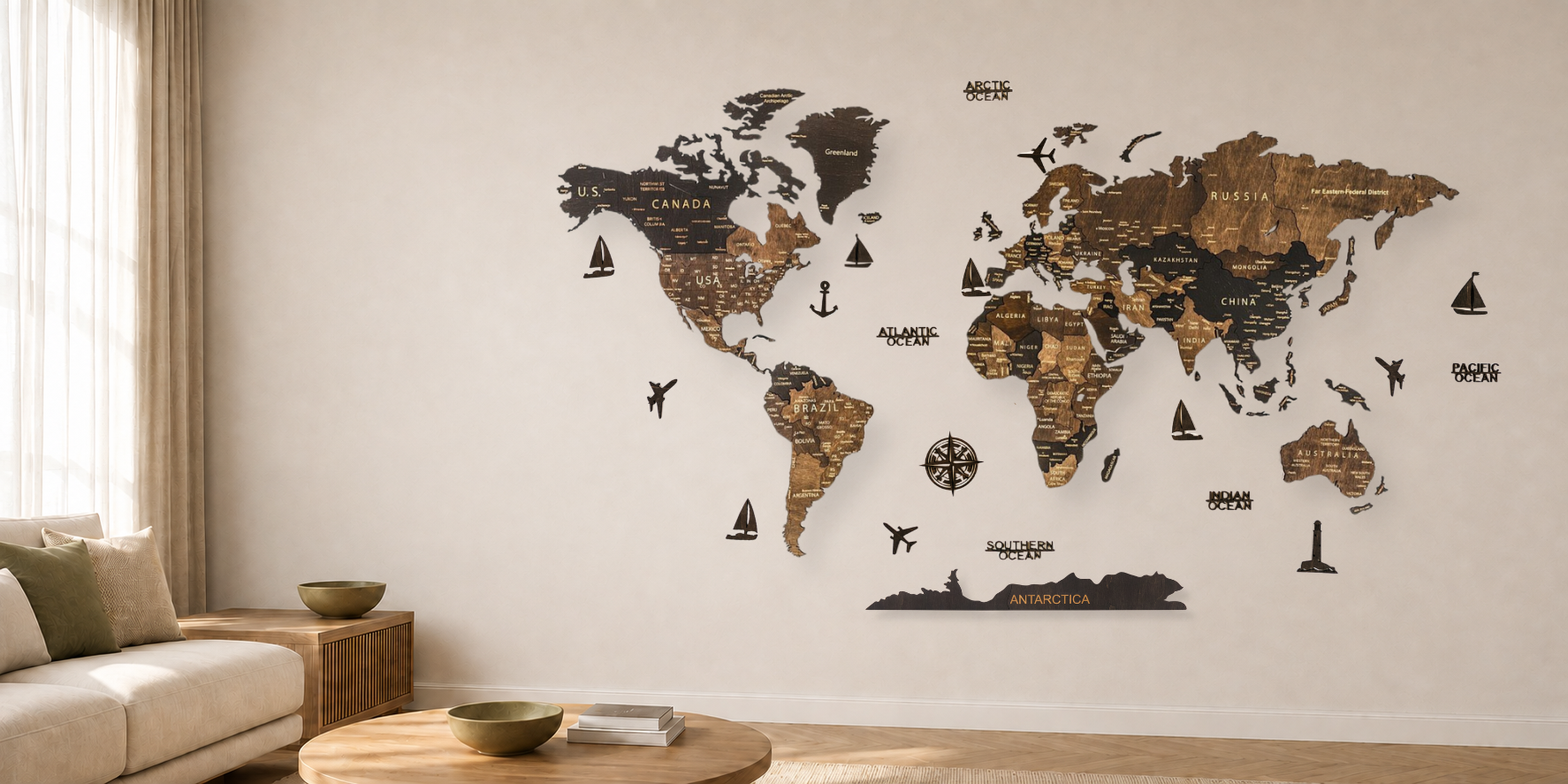 Pinelini 3D wooden world map installed on a living room wall