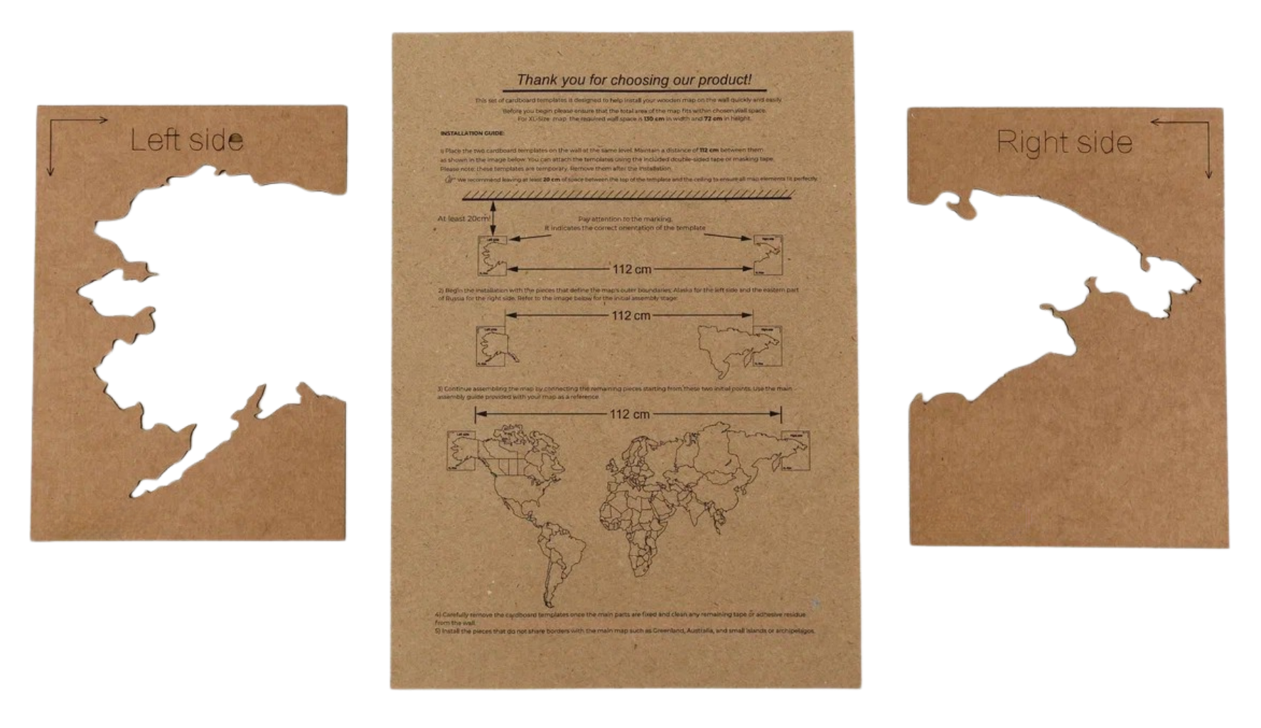 Pinelini cardboard positioning corners and installation plan for a wooden world map