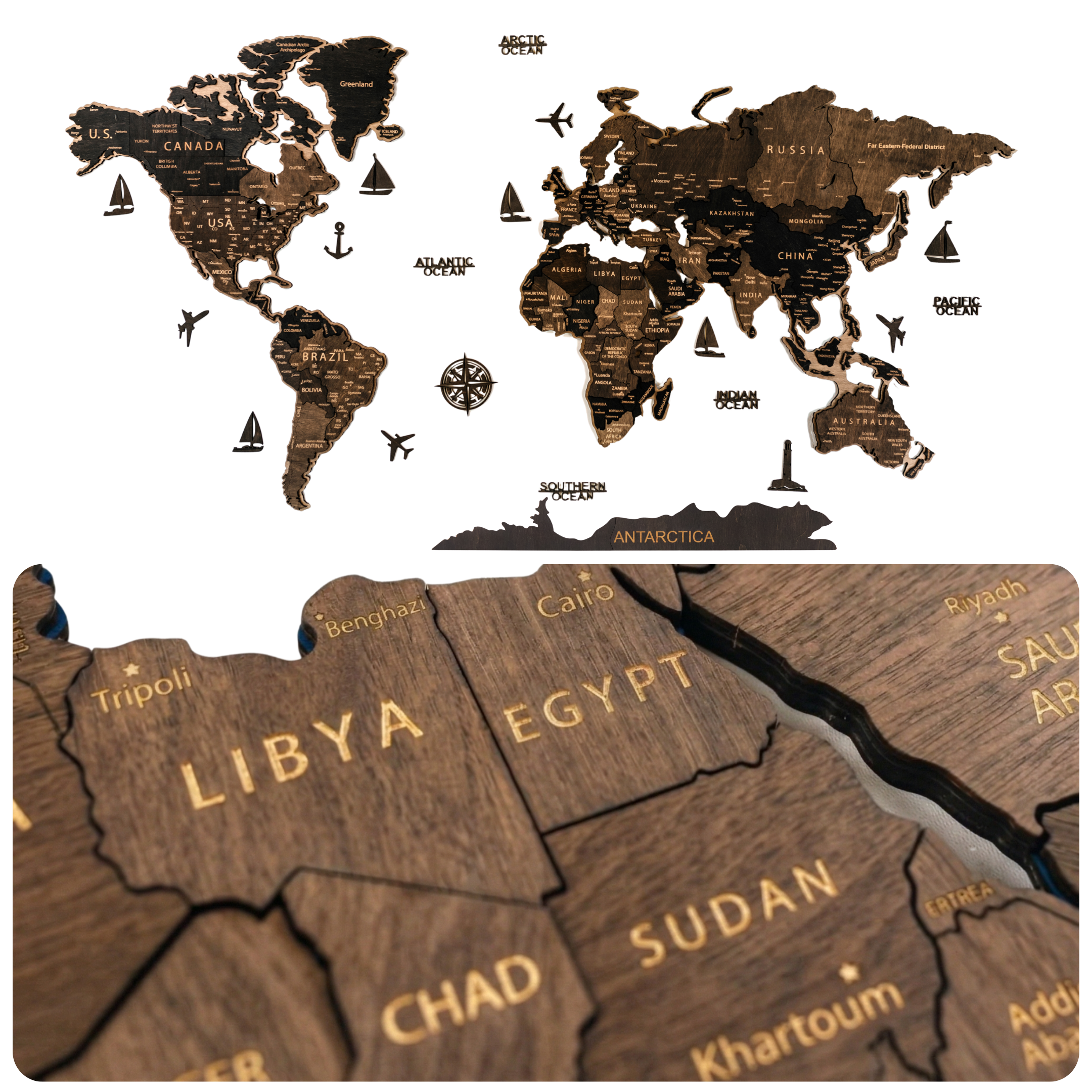 Wooden World Map 3D | Brown