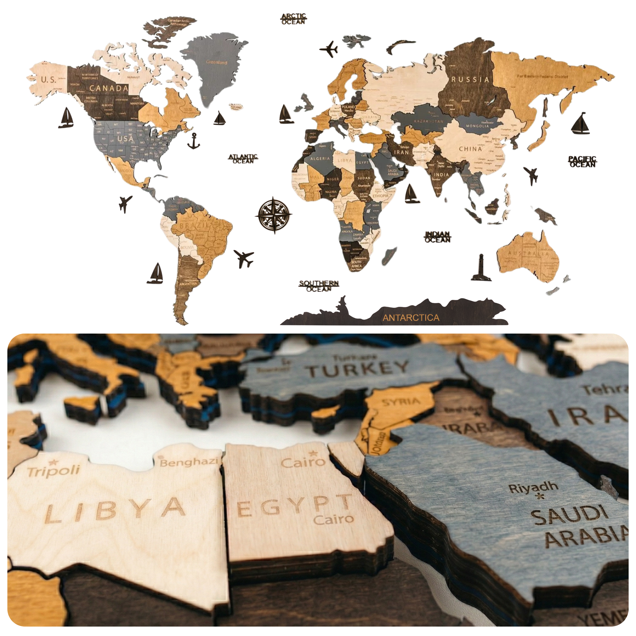 Wooden World Map 3D | Bronze