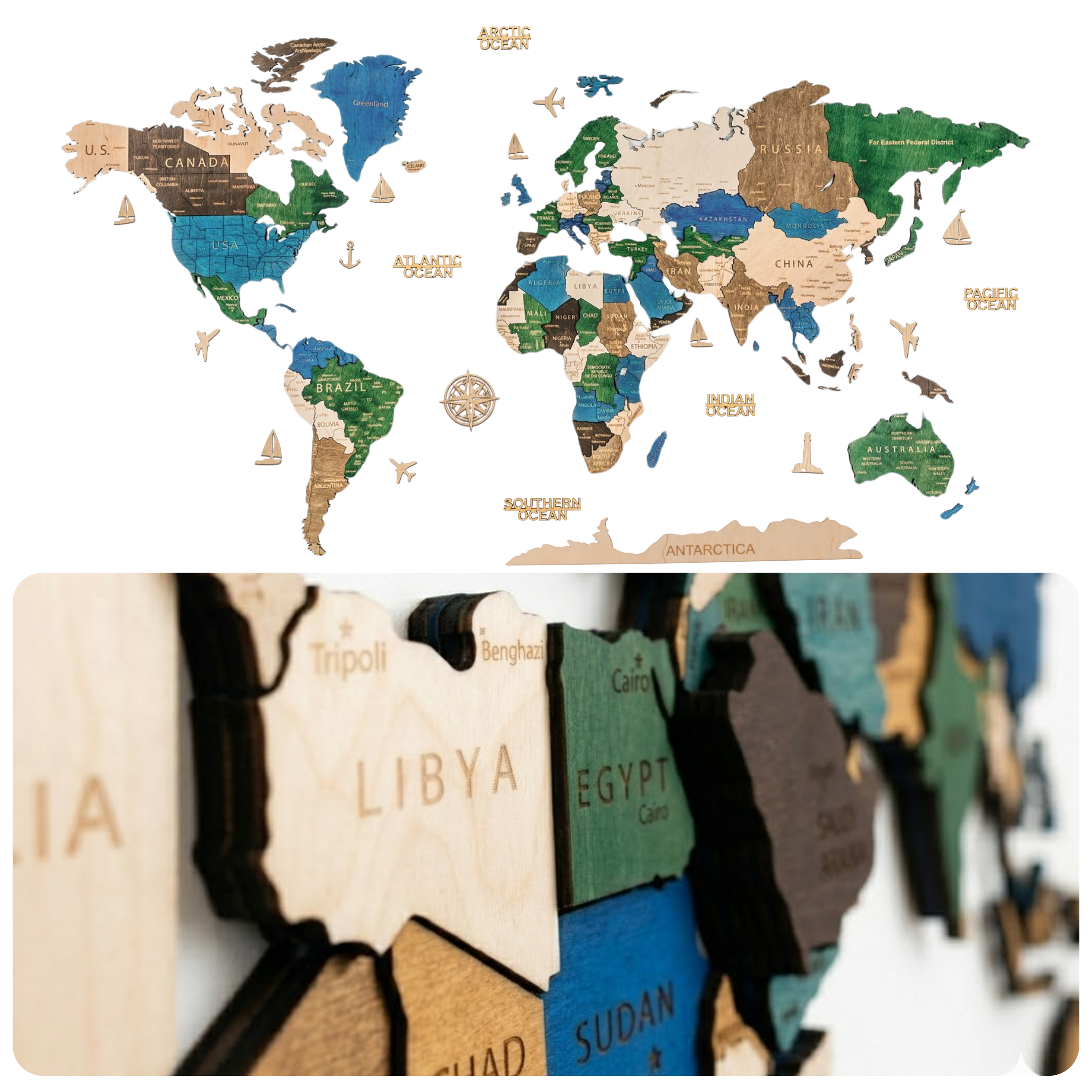 Wooden World Map 3D | Multicolors