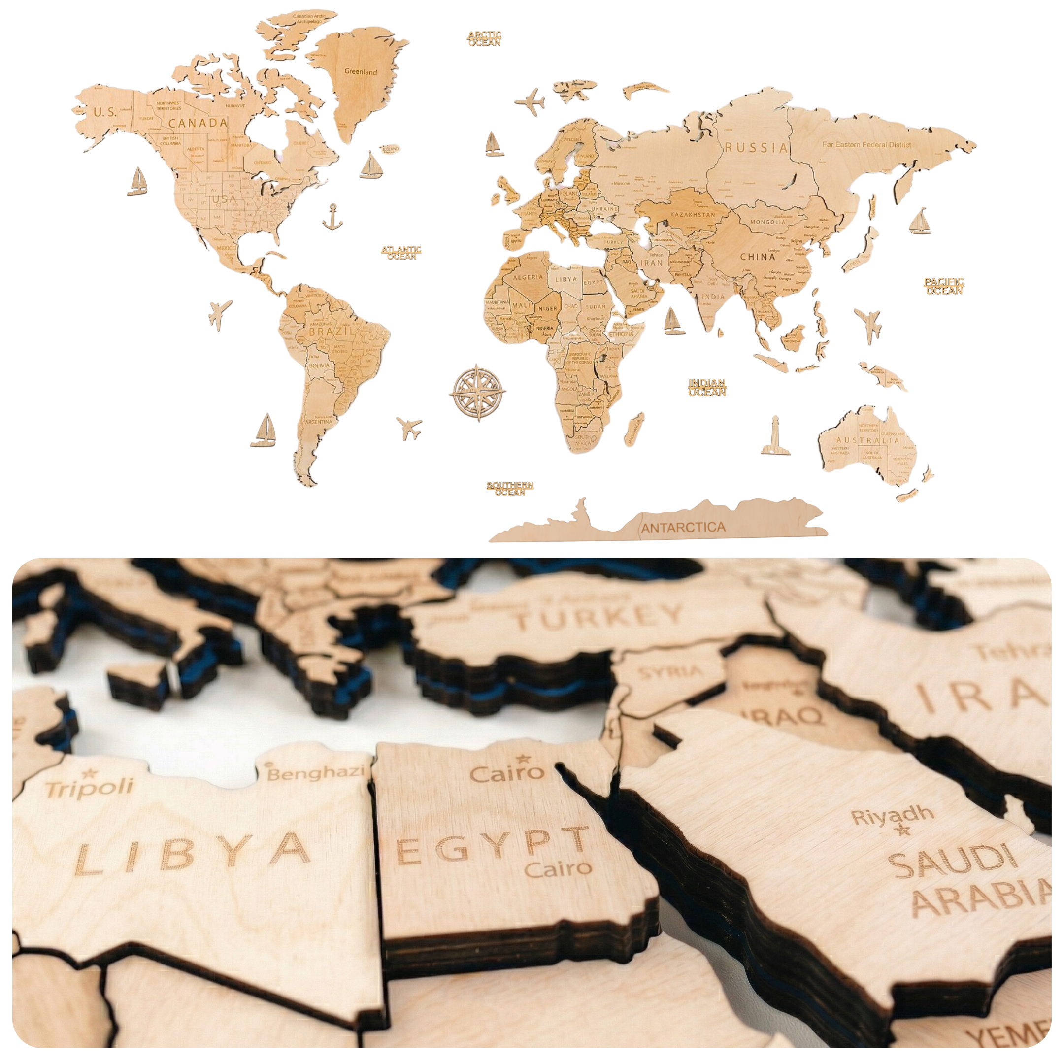 Wooden World Map 3D | Natural