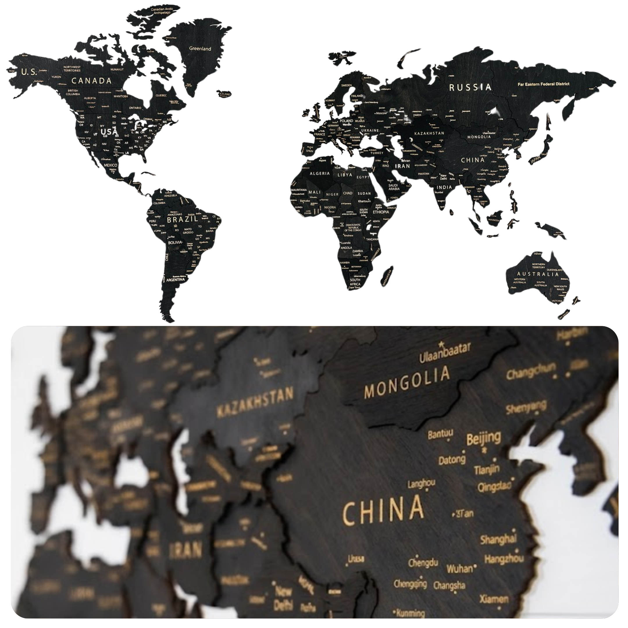 Wooden World Map 3D | Black