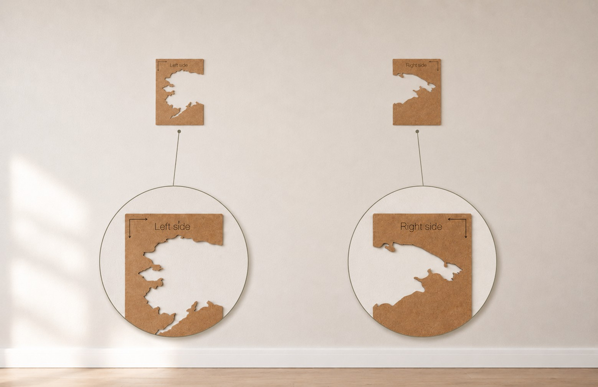 Left and right cardboard positioning corners attached to a wall at the same height