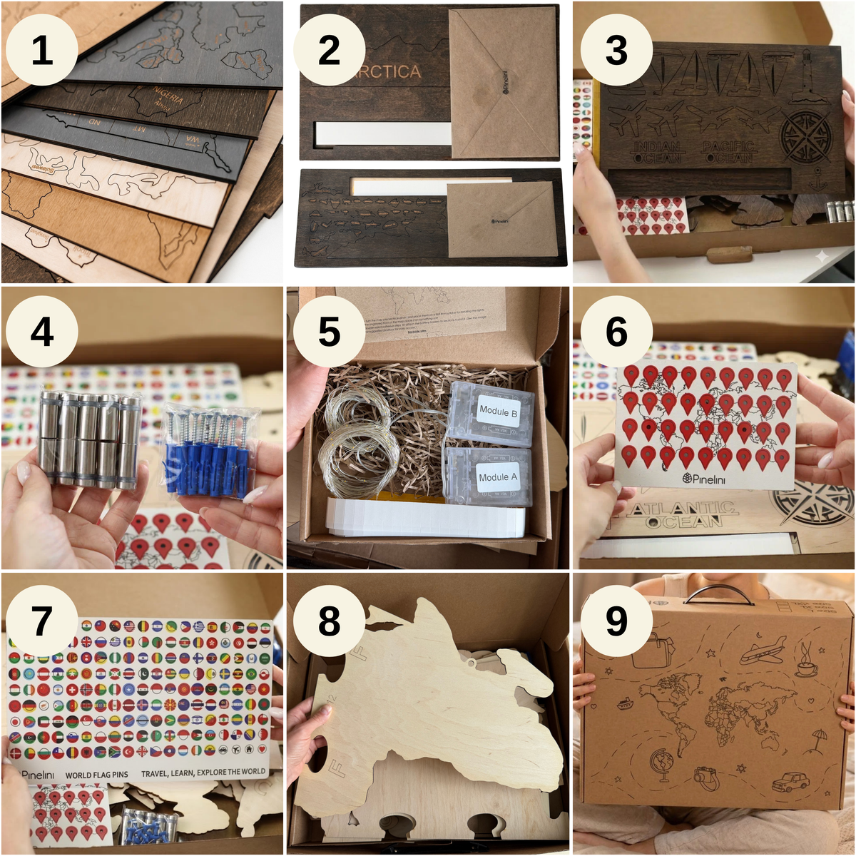 Pinelini 3D LED wooden world map set with LED components, mounting hardware and accessories