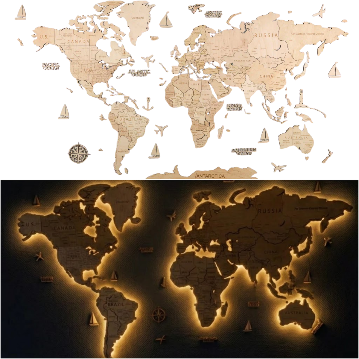 LED Wooden World Map | Natural
