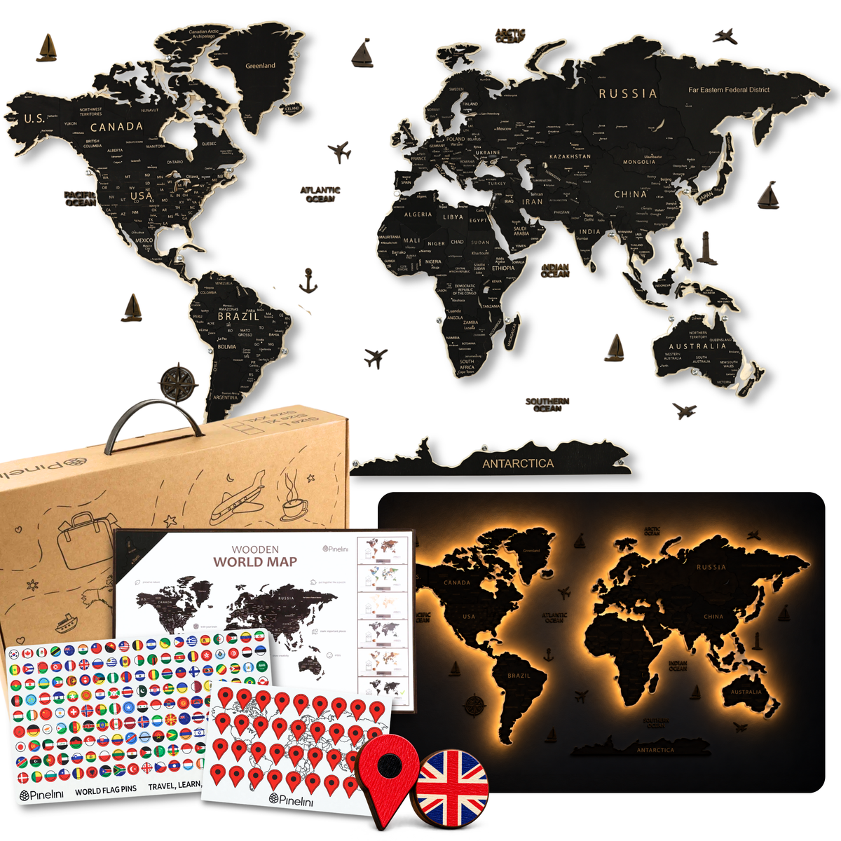 LED Wooden World Map | Black