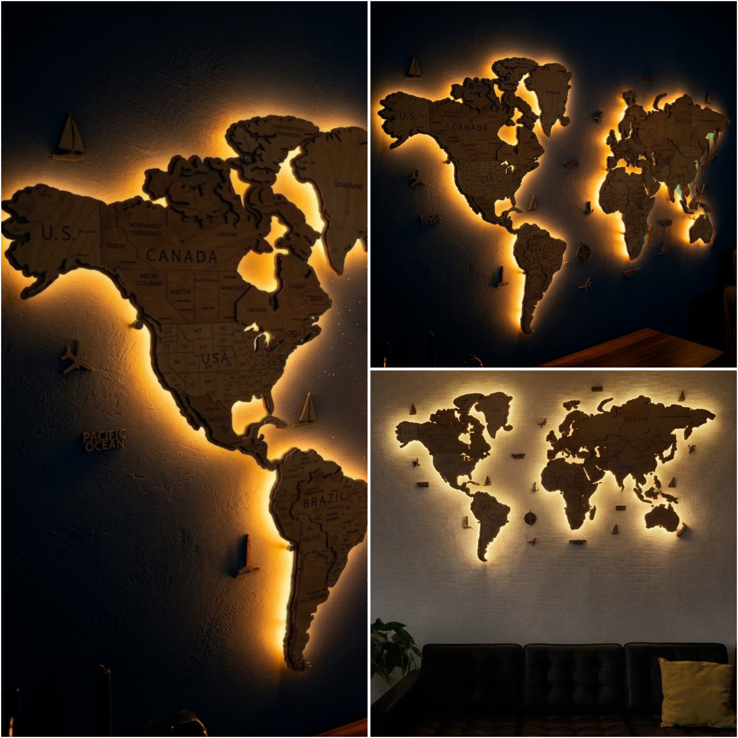 Wooden World Map LED – Natural