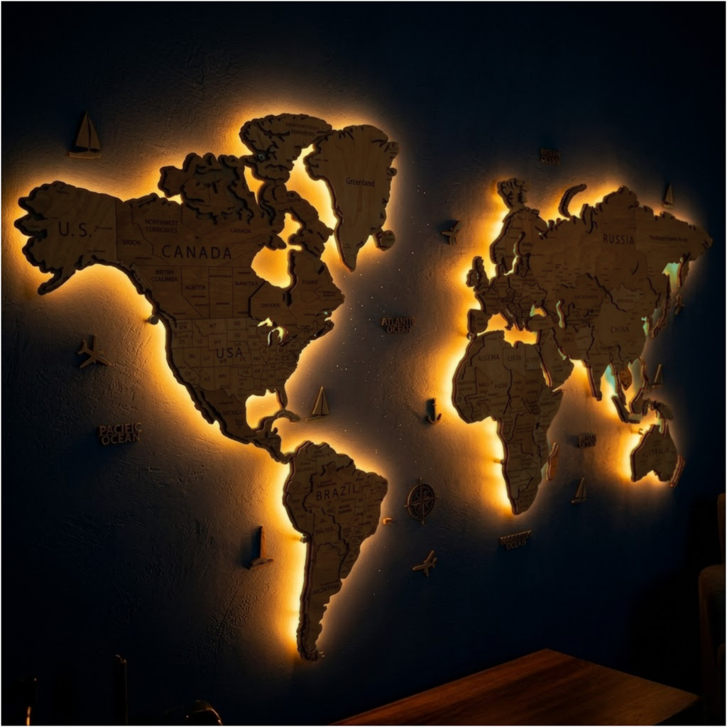 Wooden World Map LED – Natural
