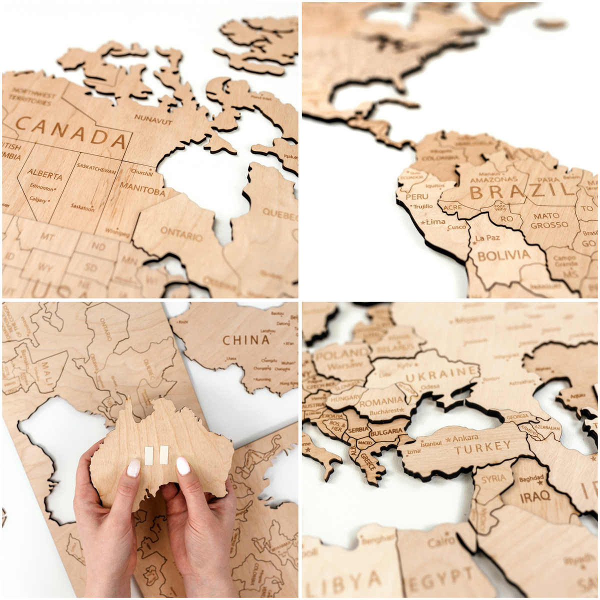 Drewniana Mapa Świata 3D | Naturalna
