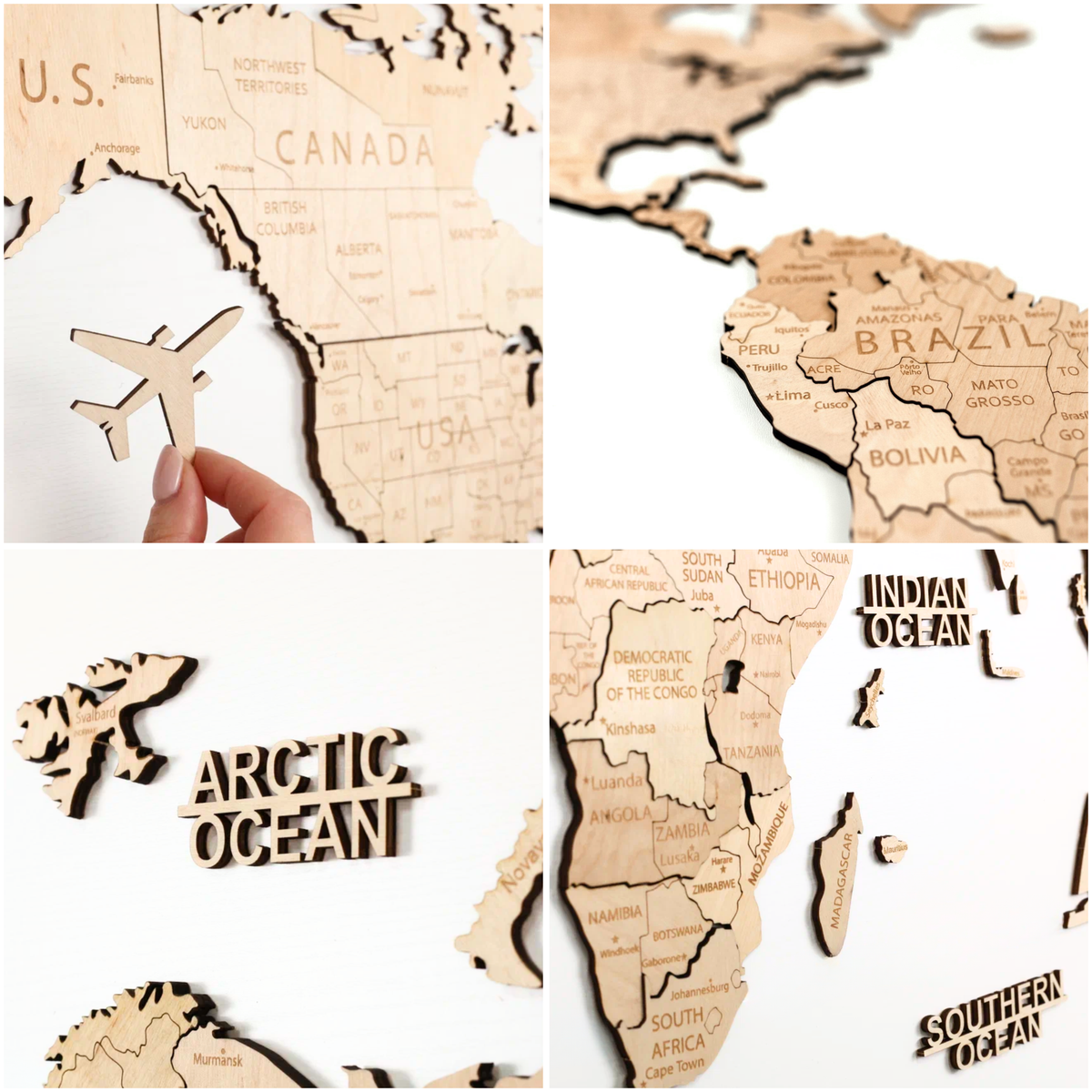 Drewniana Mapa Świata 3D | Naturalna