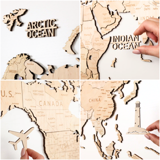 Drewniana Mapa Świata 3D | Naturalna