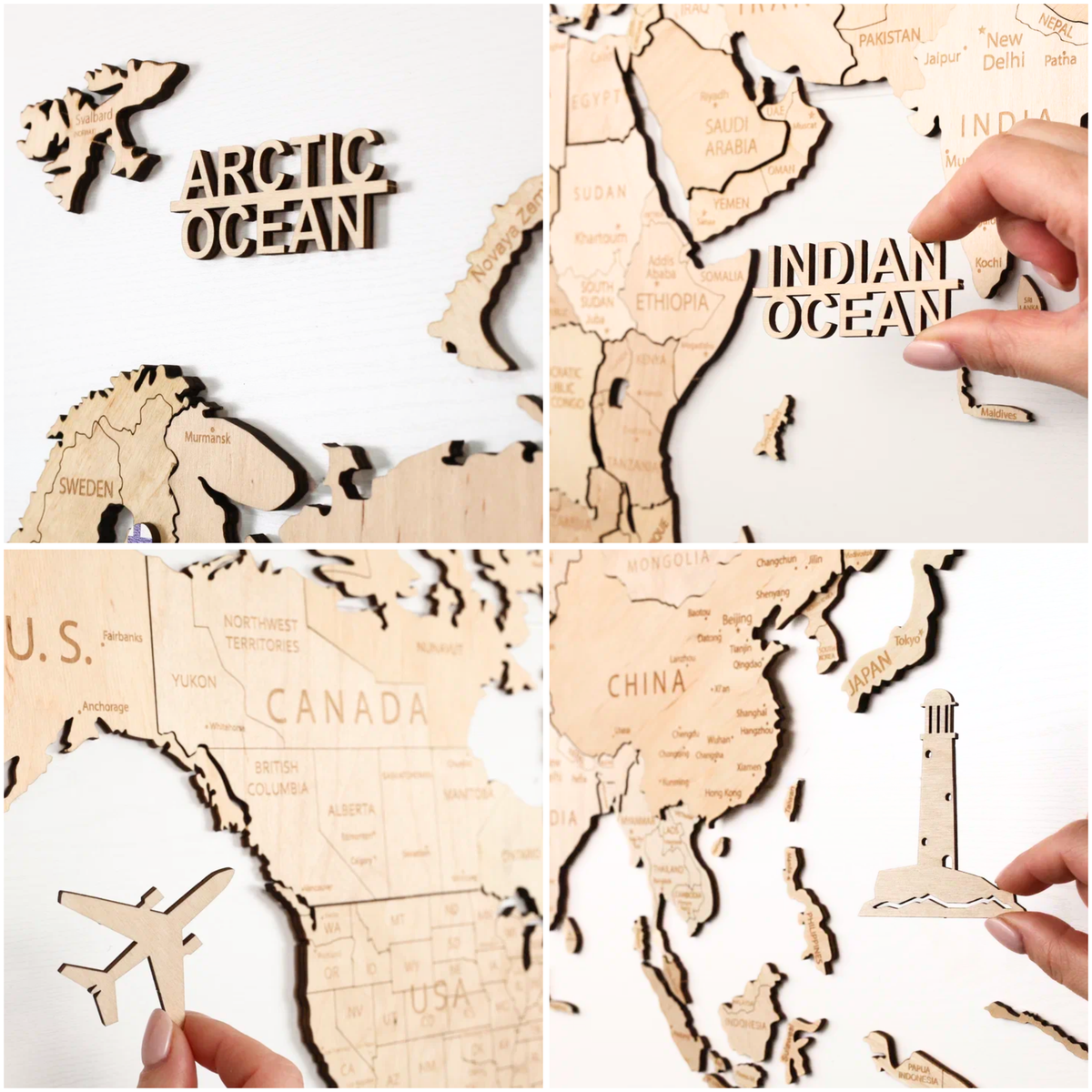 Drewniana Mapa Świata 3D | Naturalna