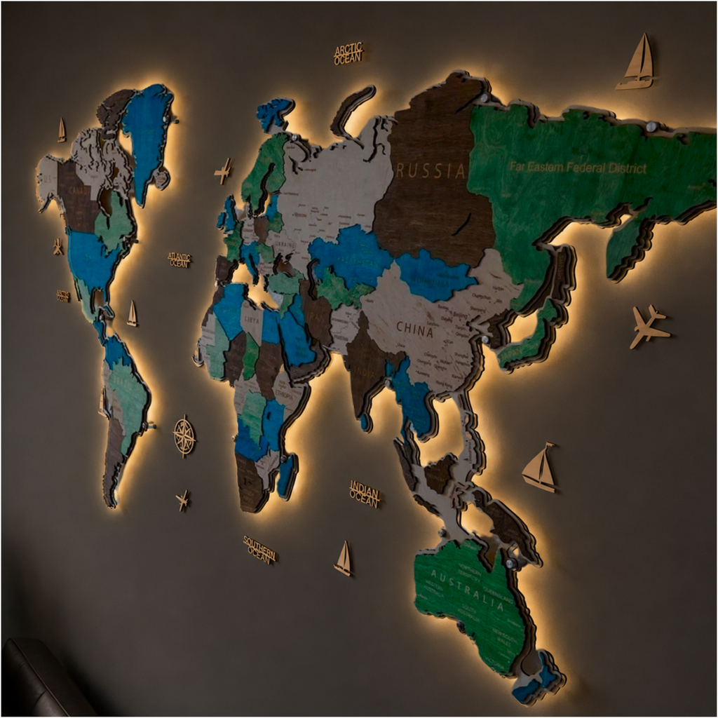 LED Wooden World Map | Multicolor