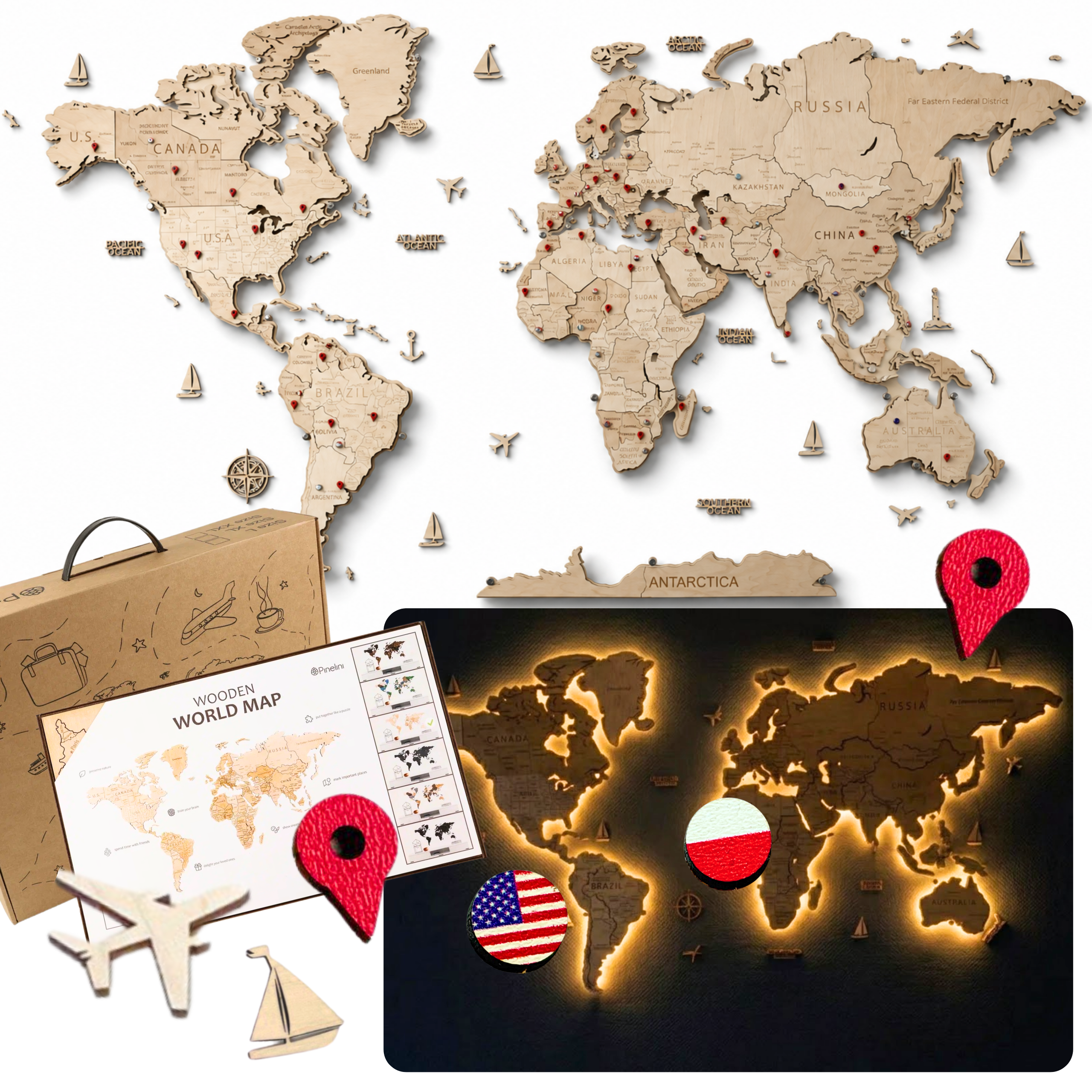Wooden World Map LED – Natural