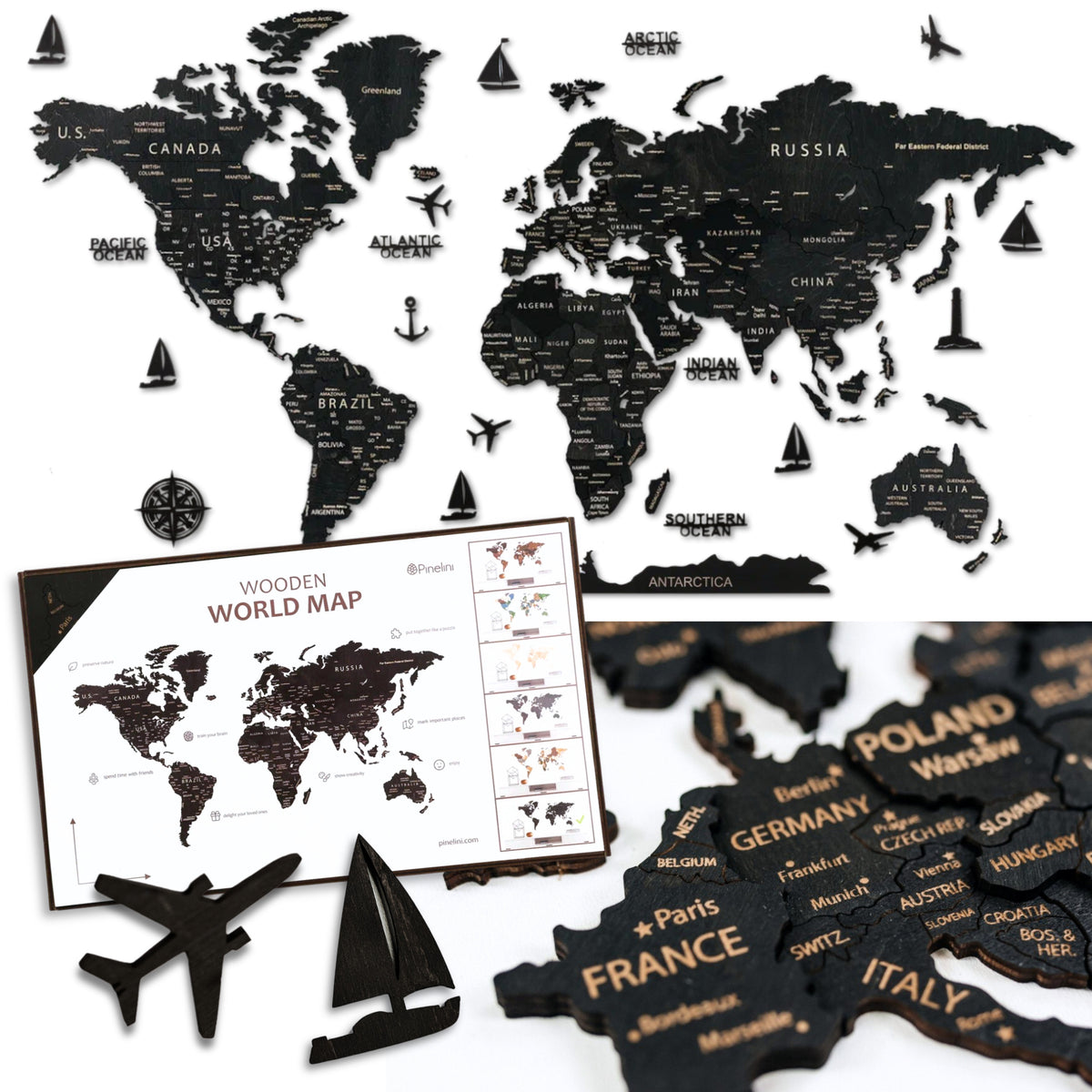 Pinelini Classic wooden world map black, map details and included installation guide