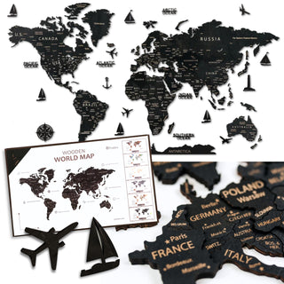 Pinelini Classic wooden world map black, map details and included installation guide