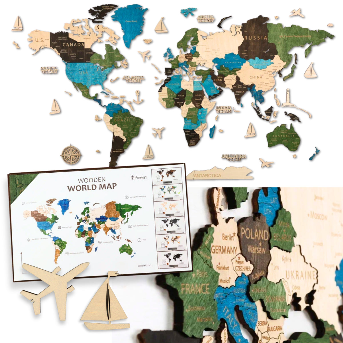 Pinelini Classic wooden world map multicolor, map details and included installation guide