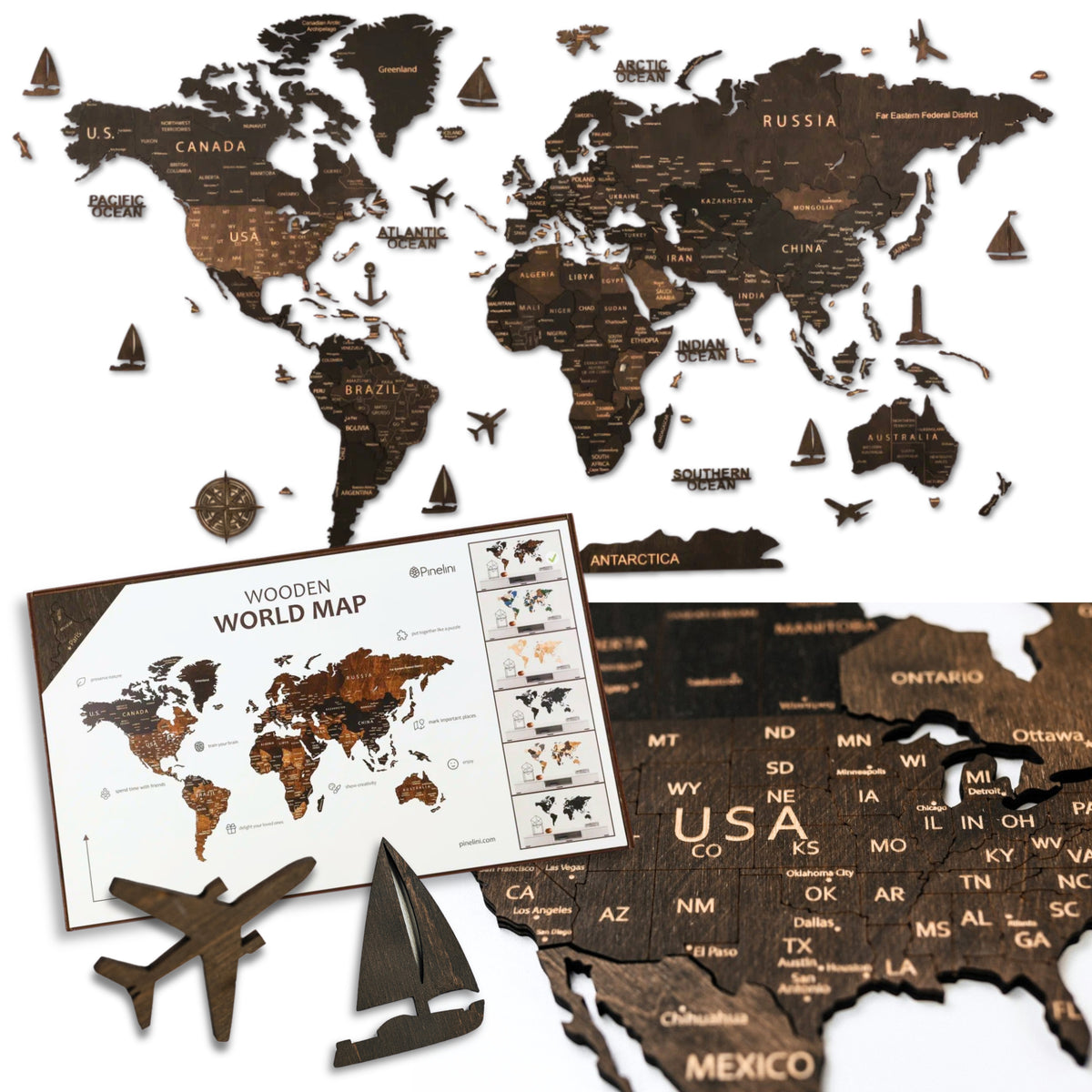 Pinelini Classic wooden world map wenge, map details and included installation guide