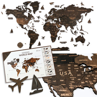 Pinelini Classic wooden world map wenge, map details and included installation guide