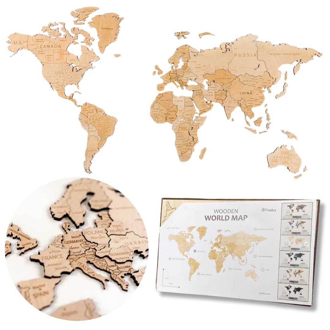 Wooden World Map 3D | Natural