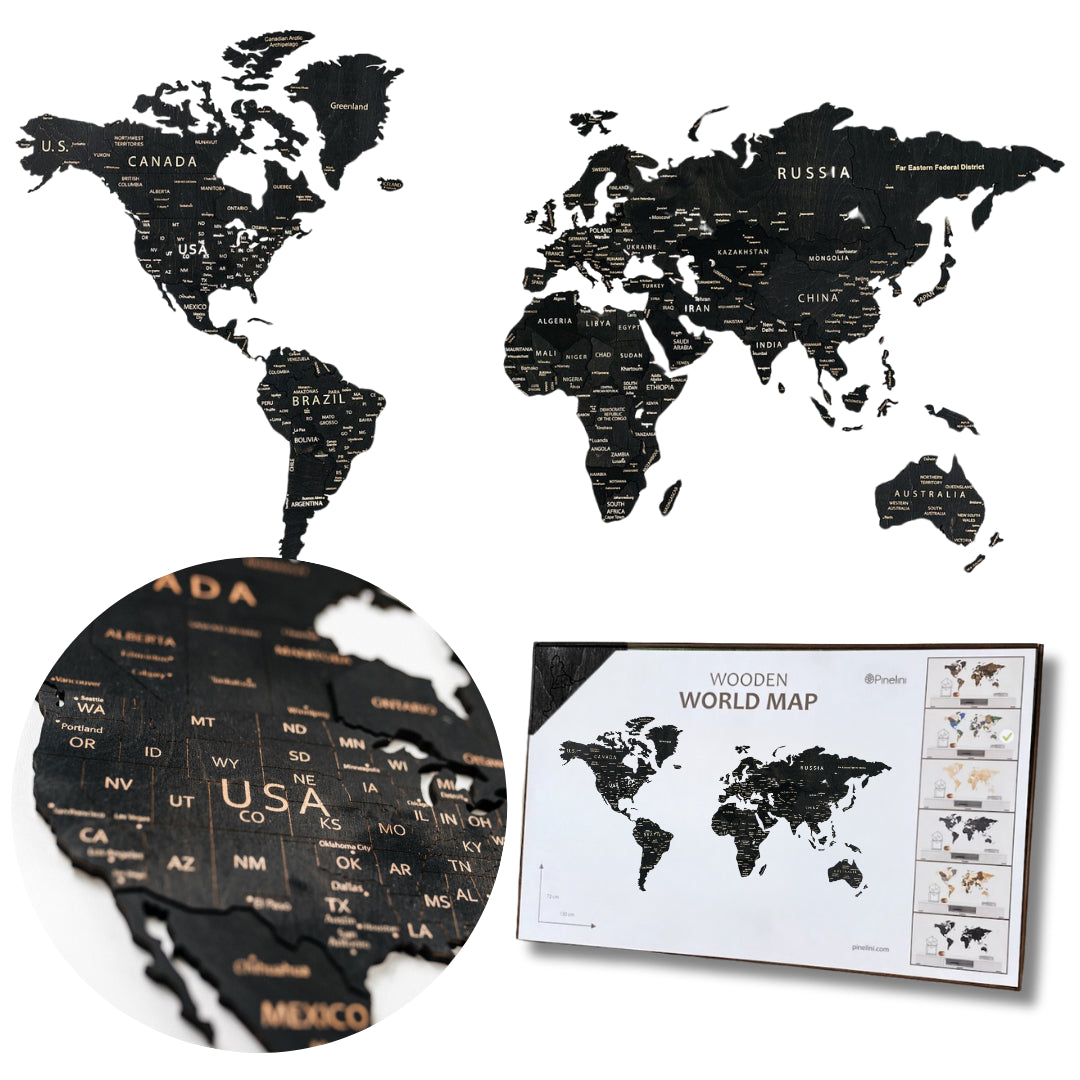 Wooden World Map 3D | Black
