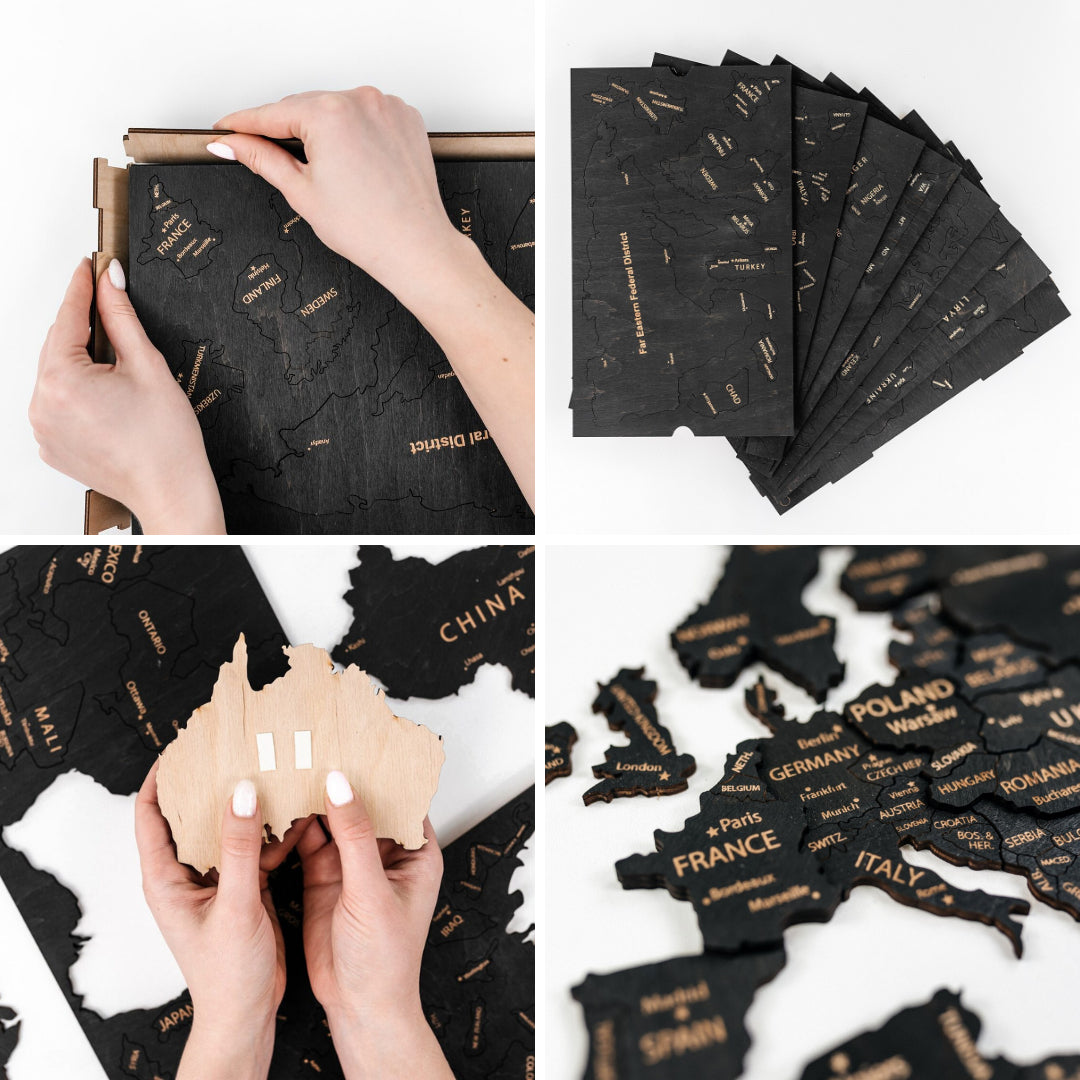 Wooden World Map 3D | Black