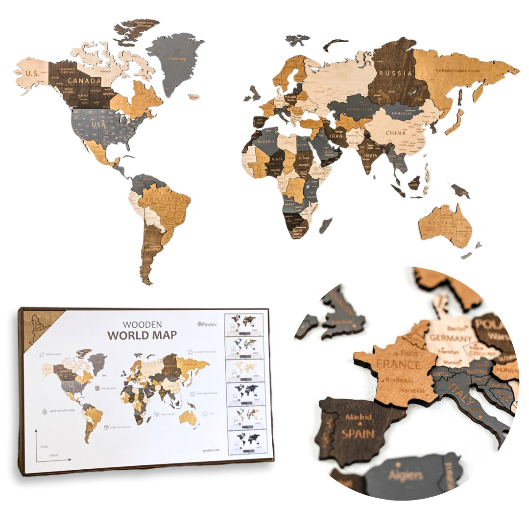 Wooden World Map 3D | Bronze