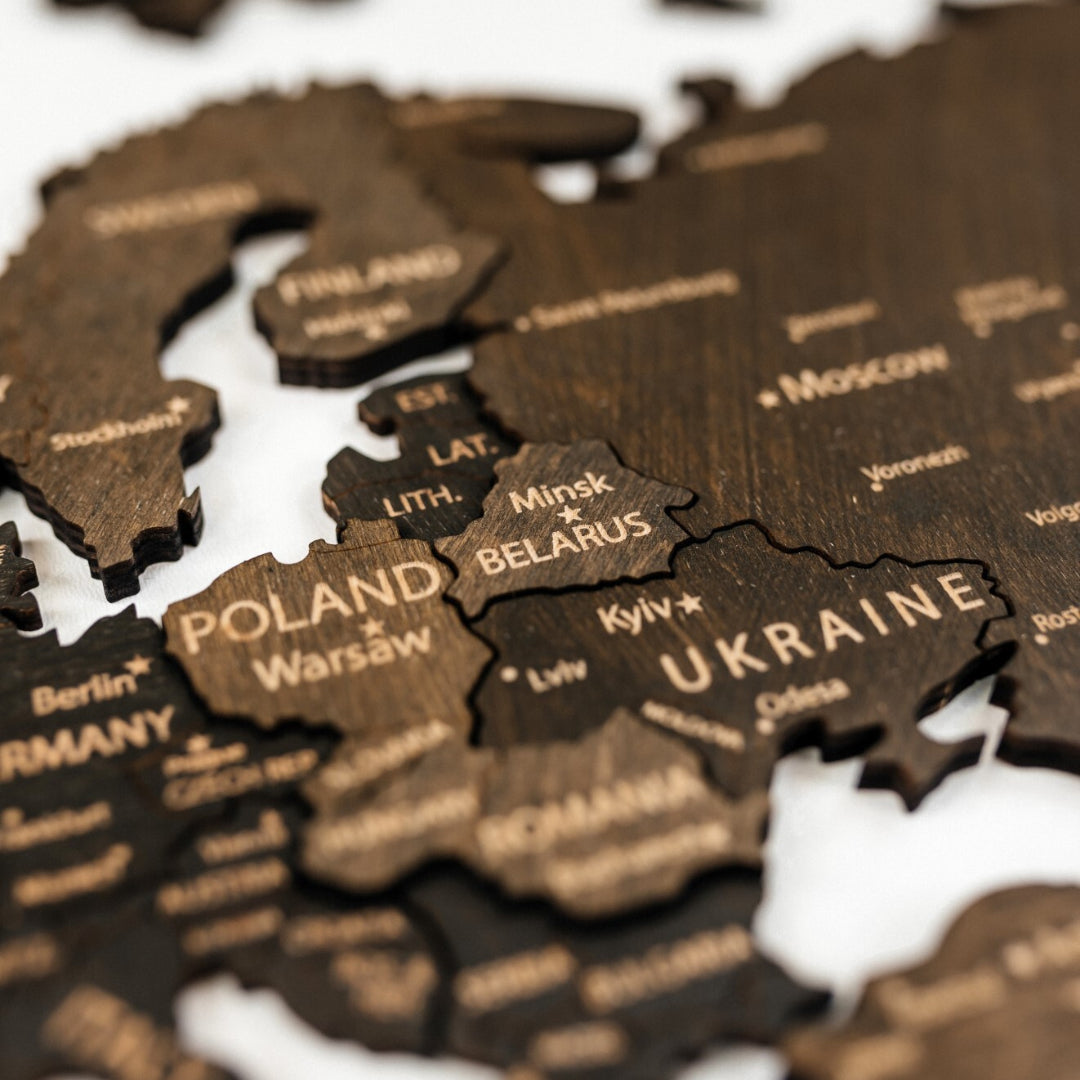 Drewniana Mapa Świata 3D | Ciemny brąz