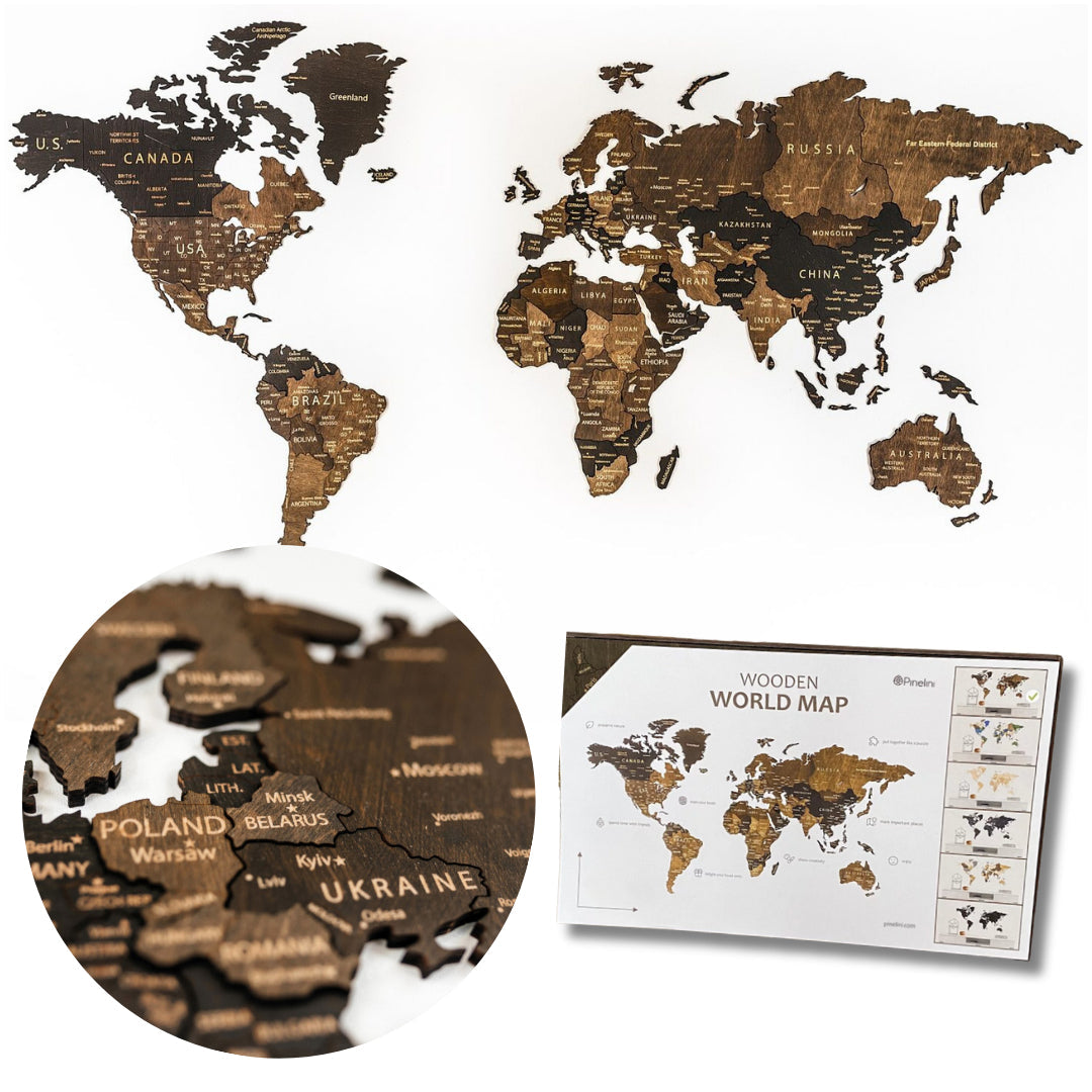 Wooden World Map 3D | Brown