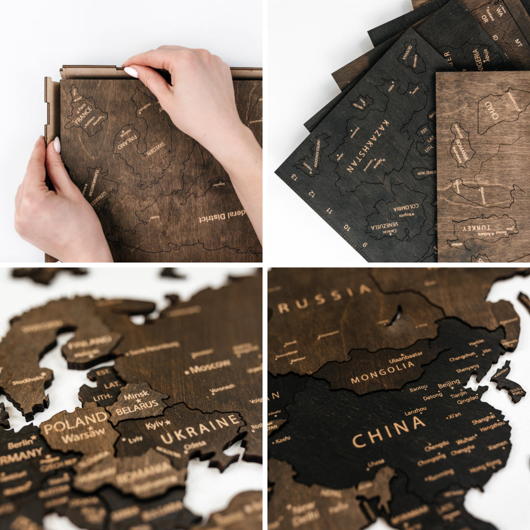 Wooden World Map 3D | Brown