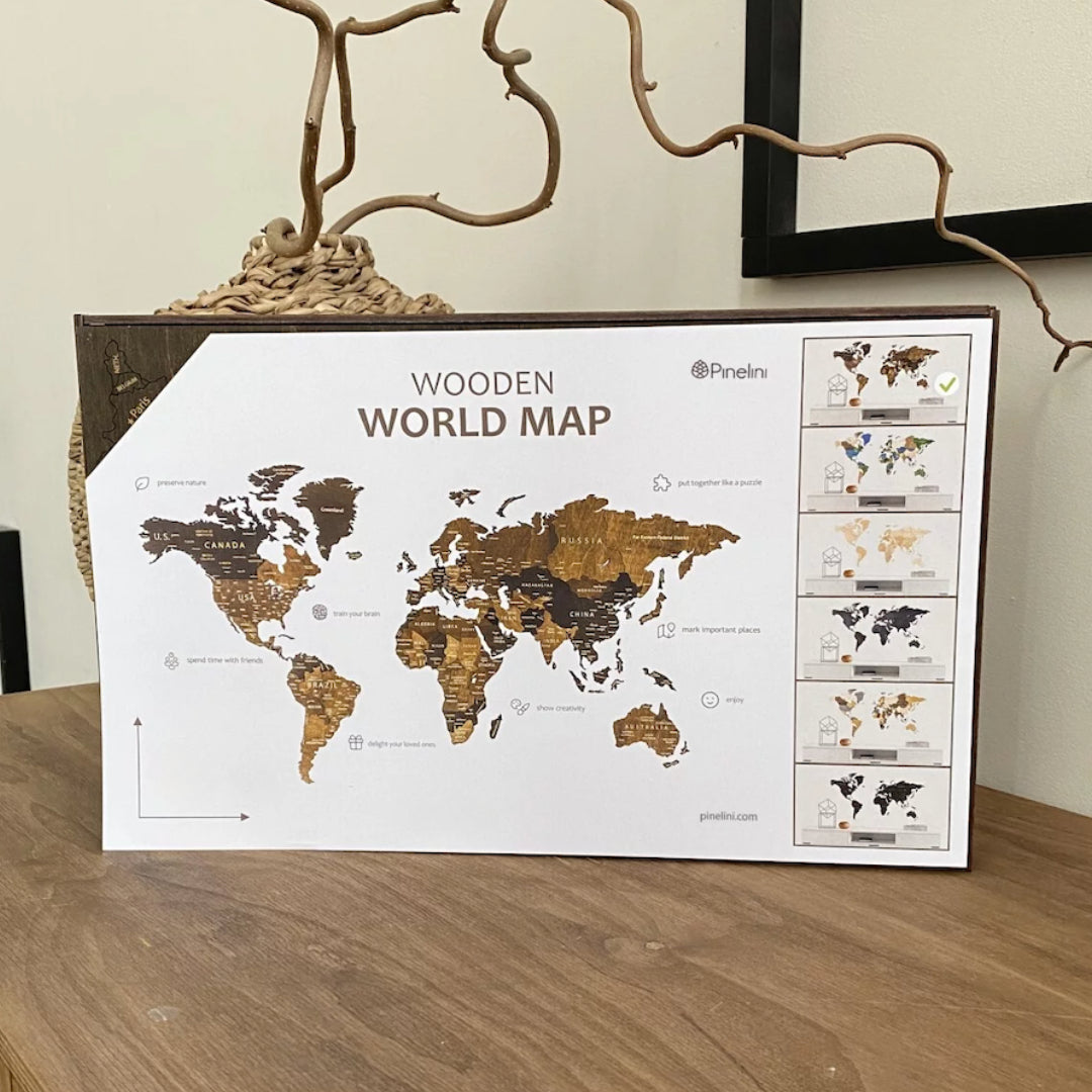Drewniana Mapa Świata 3D | Ciemny brąz